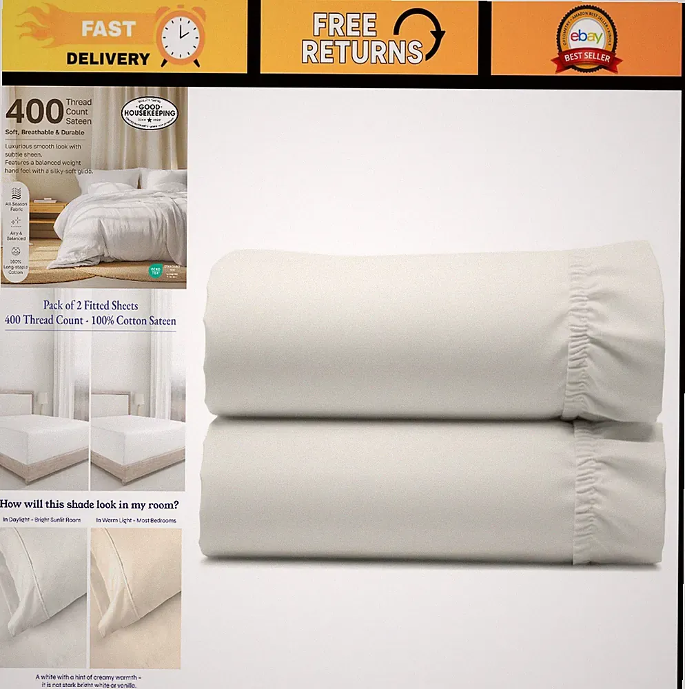 2 Twin XL Fitted Sheets 400TC 100% Cotton Sateen Deep Pocket Ivory Bedding