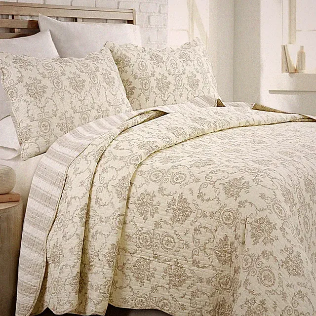 French Medallion Ivory 100% Cotton Quilt Set, Bedspread, Coverlet