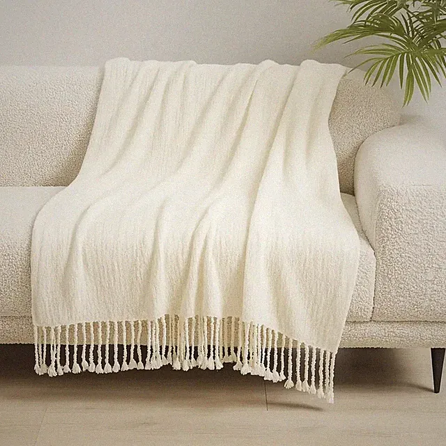 Ivory Classic Woven Fringed Throw Blanket BRAND NEW WITH TAGS