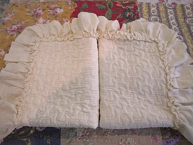 Pair of 2 Lovely Quilted & Ruffled Ivory Color Std. Pillow Shams VGC