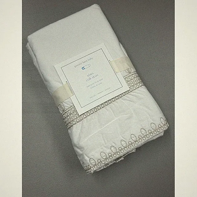 Pottery Barn Alma Baby Crib Skirt Ivory w/ Metallic Embroidered Pattern Trim NWT
