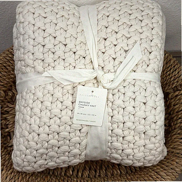 POTTERY BARN BAYSIDE SEED STITCH CHUNKY KNIT THROW BLANKET 44X56" IVORY COTTON