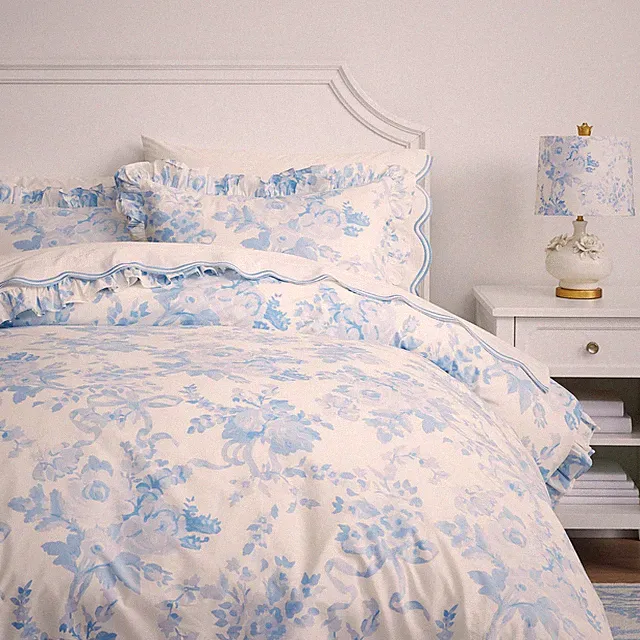 Potterybarn LoveShackFancy Damask Ruffle Duvet Cover Blue F/Q + 2 Standard Shams