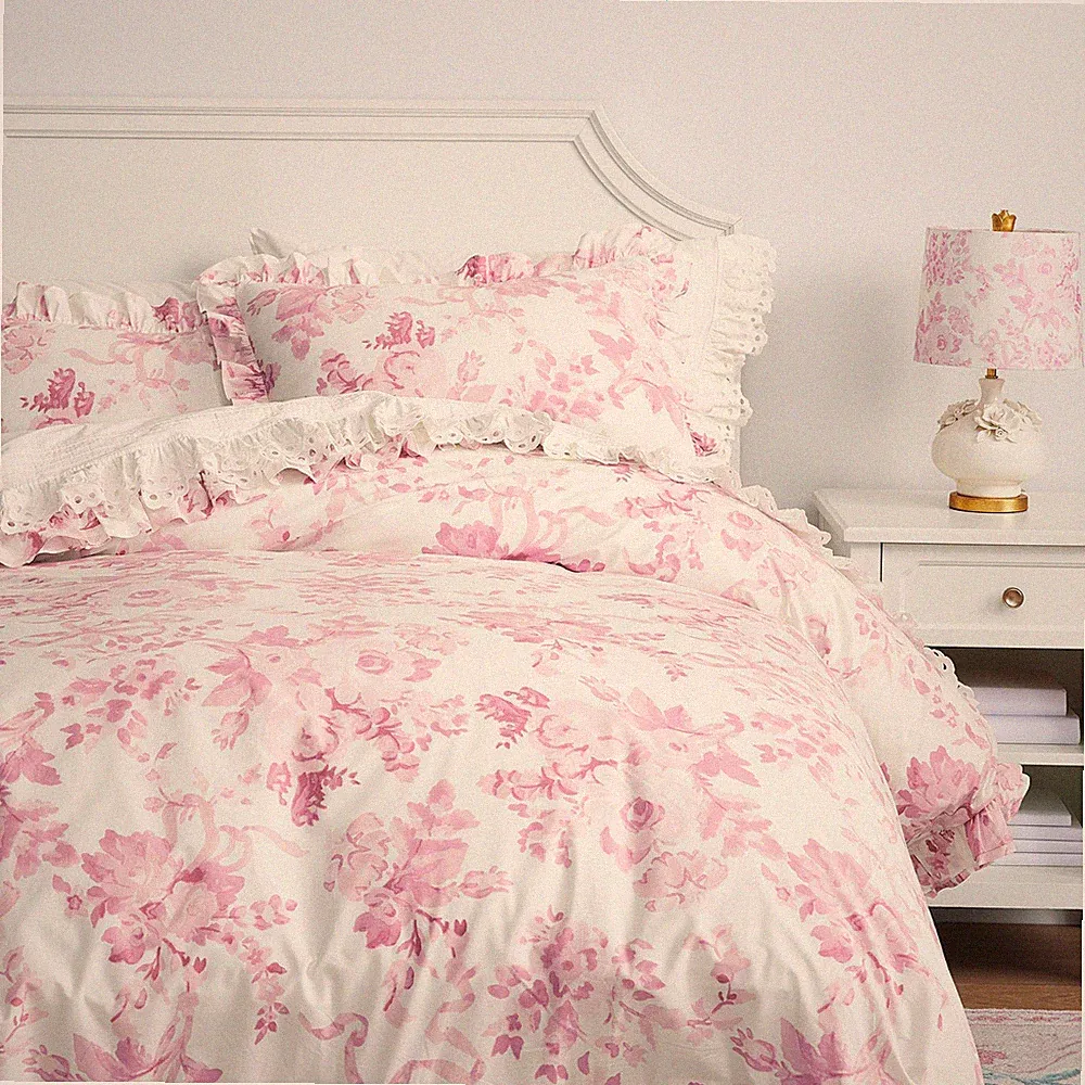 Potterybarn LoveShackFancy Damask Ruffle Duvet Cover Pink F/Q + 2 Standard Shams