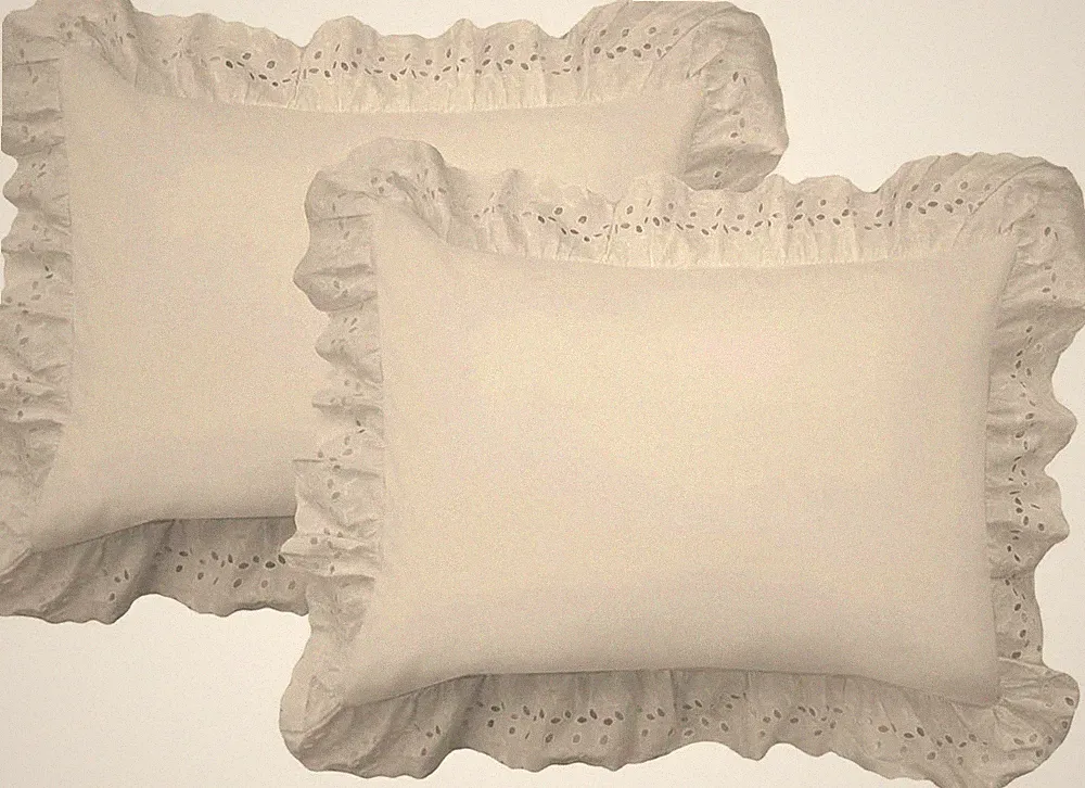 Ruffled Bed Pillow Shams with Embroidered Eyelet Detail, Standard, Ivory, 2-Pack